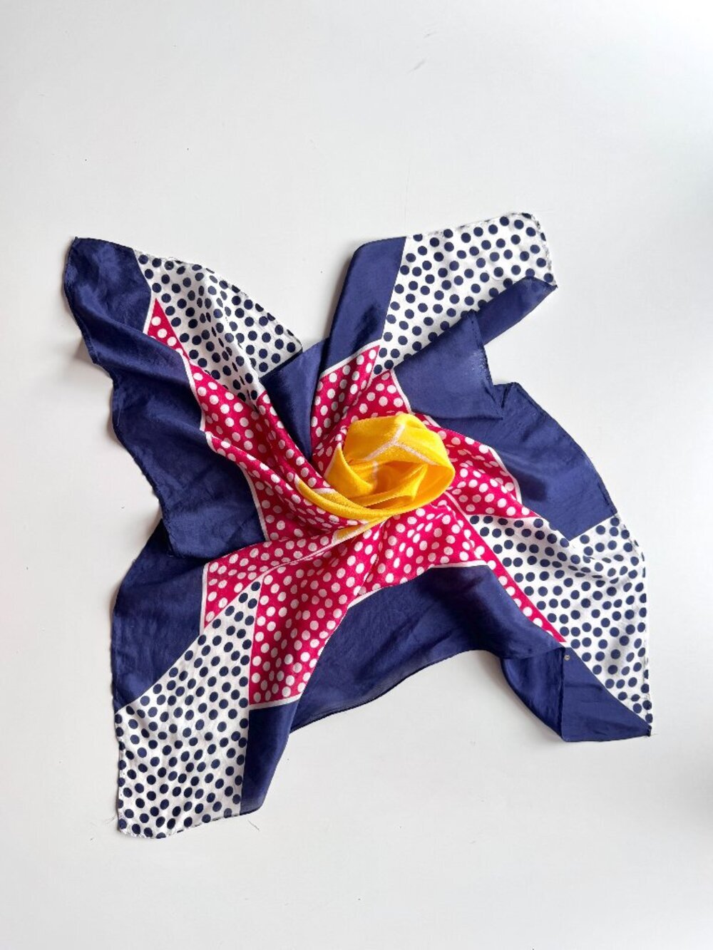 Vintage ECHO Red Navy Yellow Polka Dot Silk Crepe 30" x 30" Square Scarf